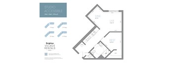 A floor plan for a studio apartment with a living area, dining area, and bedroom.