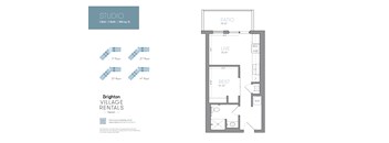 A floor plan for a studio apartment with a studio, patio, and rest area.