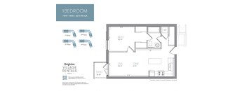 a floor plan of one bedroom unit with a bathroom and a living room
