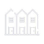 A white icon of a house with three doors and windows.