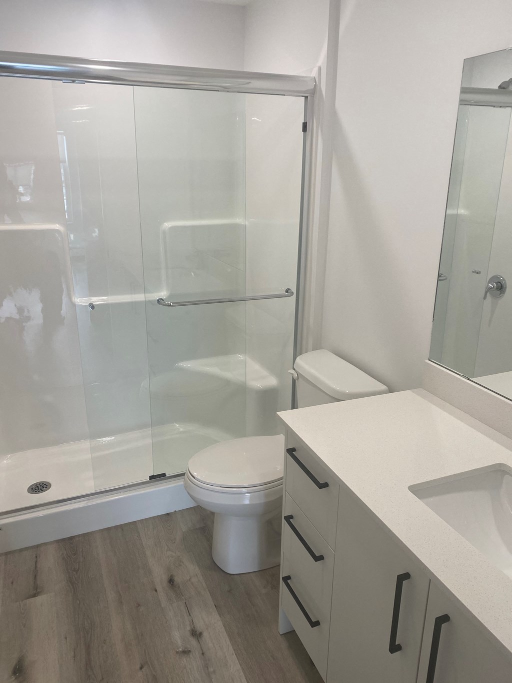 a bathroom with a shower toilet and sink