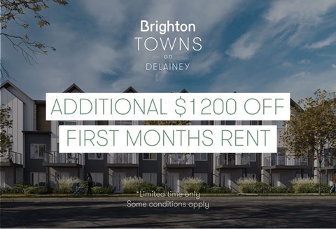 A promotional image for Brighton Towns on Delainy offering an additional $1200 off the first month's rent.