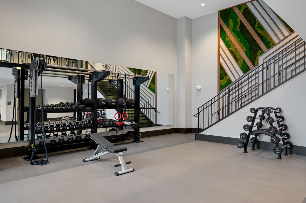 the home gym has a slew of weights and cardio equipment at Preston Ridge, North Carolina