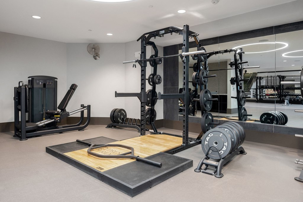 a home gym with weights and exercise equipment at Preston Ridge, North Carolina, 27513