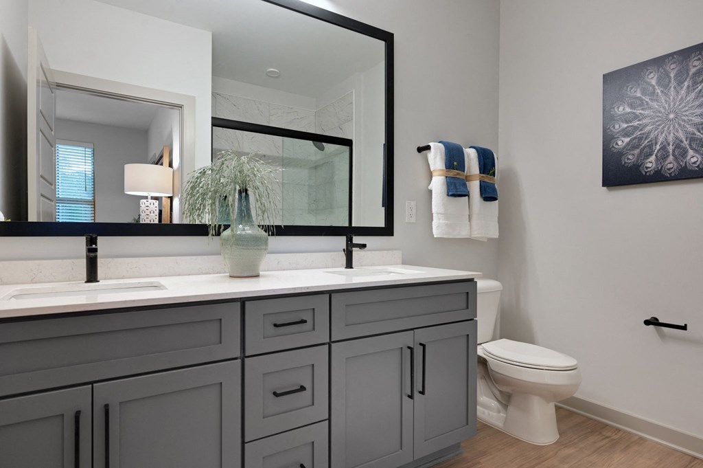 a white bathroom with a large mirror and a toilet at Preston Ridge, North Carolina