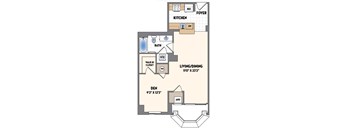 A floor plan of a one bedroom apartment with a living room, kitchen, bathroom, and den.