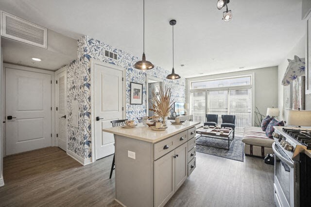 a kitchen and living room with blue and white wallpaper at Park Kennedy, Washington, DC, 20003