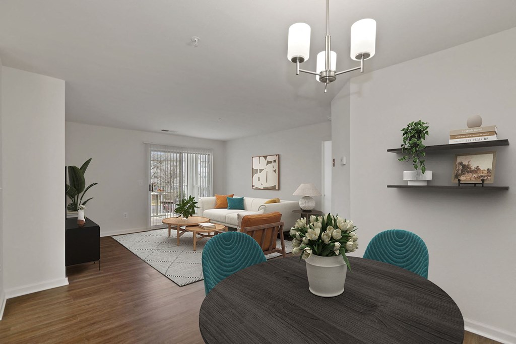 a living room with a couch and a table