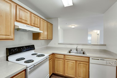 A kitchen with a white stove top oven and a white dishwasher.