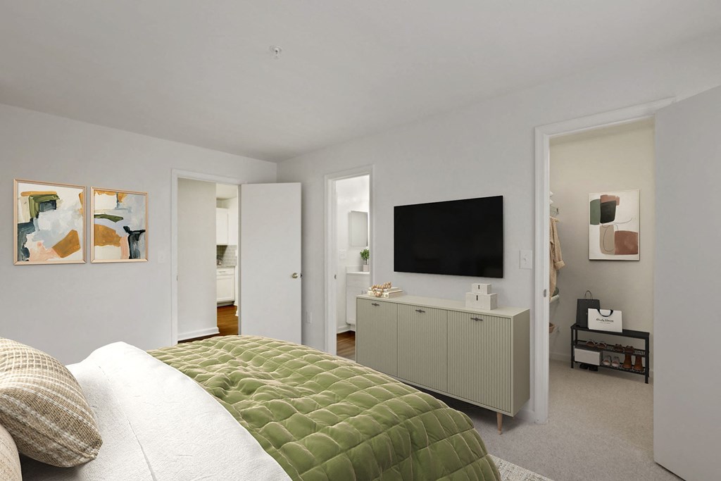 Bedroom with walk-in closet and bathroom at The Fields of Manassas in Lorton, VA