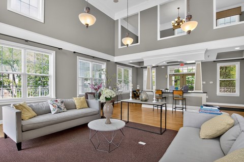A living room with a grey couch and a coffee table.
