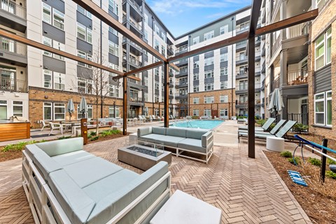 Poolside Patio at Hawkins Press Apartments, Charlotte, 28203