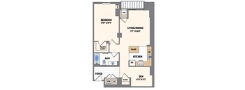 A floor plan of a home with a bedroom, living/dining area, kitchen, foyer, and den.