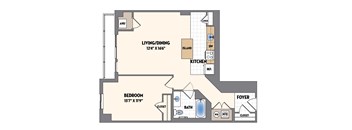 A floor plan of a small apartment with a living room, bedroom, kitchen, and bathroom.