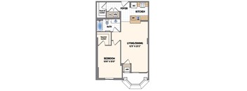 A floor plan of a small apartment with a living room, bedroom, bathroom, and kitchen.