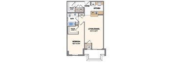A floor plan of a small apartment with a living room, bedroom, bathroom, and kitchen.