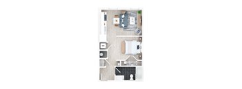 A top-down view of a house interior with a kitchen, living room, and bathroom.