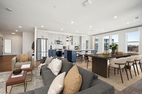 A modern living room with a grey couch and a coffee table.