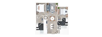 A top-down view of a room with a dining table, chairs, a couch, a bed, and a kitchen area.