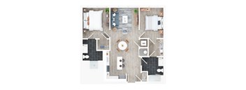 A top-down view of a living room with a couch, coffee table, and kitchen area.