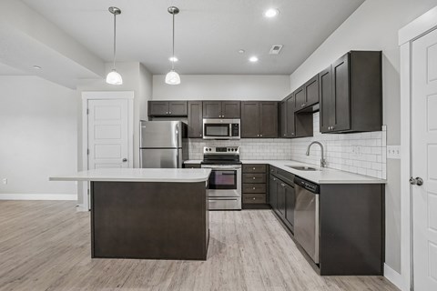 A modern kitchen with dark brown cabinets and stainless steel appliances.