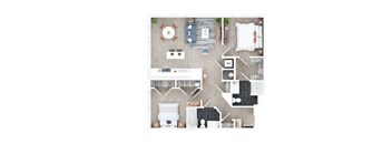 A top-down view of a room with a dining table, chairs, a couch, a bed, and a kitchen area.