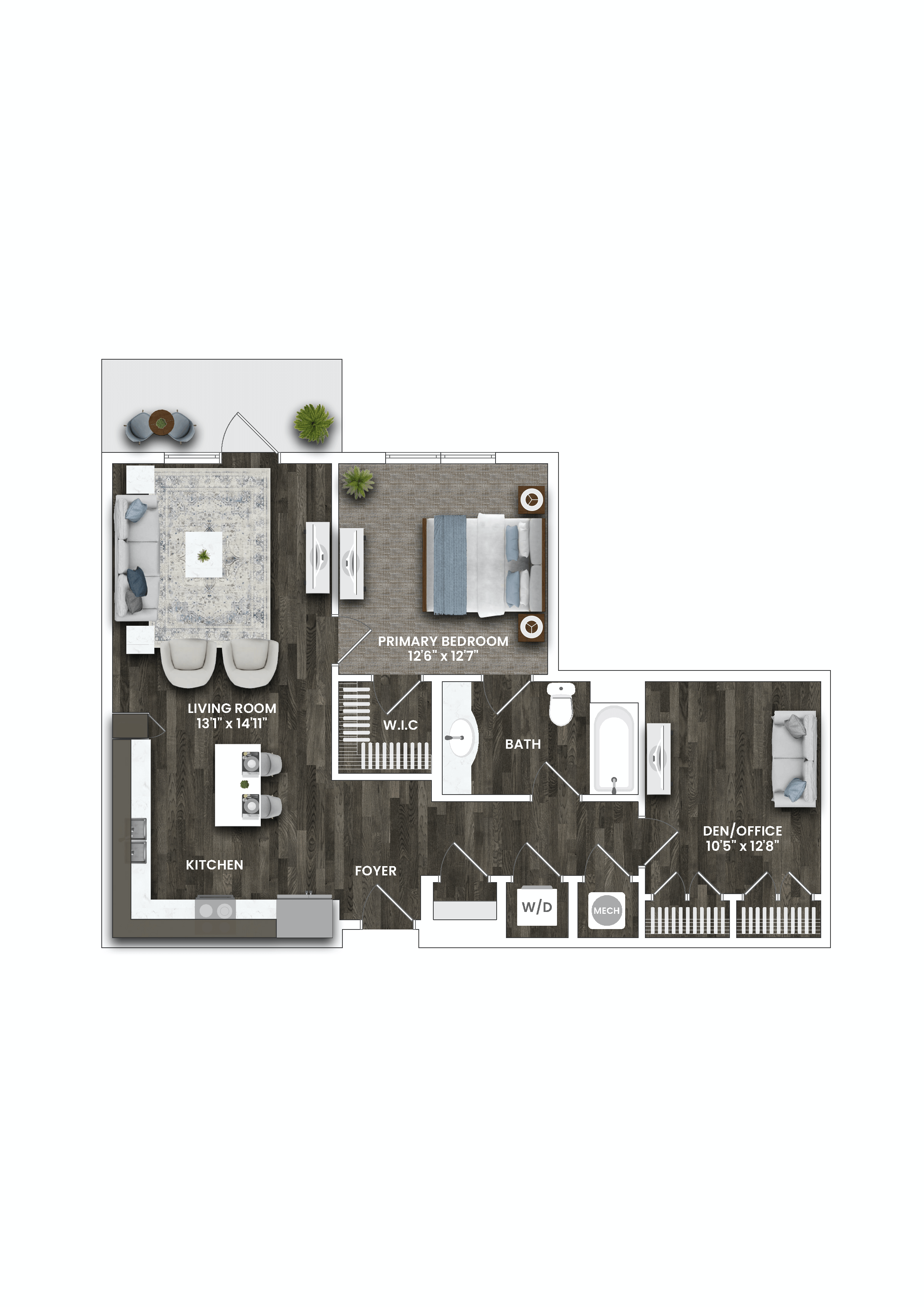 3d floor plan of a 2100 sf apartments