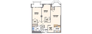 A floor plan of a house with two bedrooms, a living room, a dining area, a kitchen, a bathroom, and a foyer.