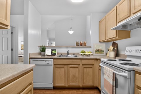 A kitchen with wooden cabinets and a stove top oven.