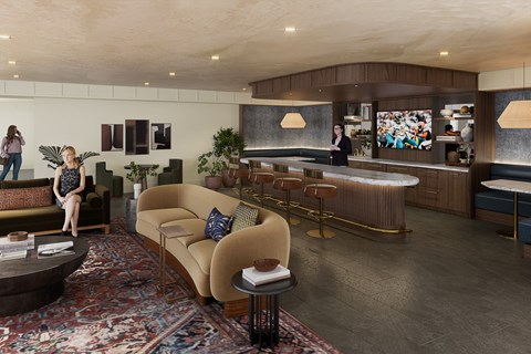 Resident lounge with modern seating and coffee bar at Vandeveer Apartments, Jacksonville, 32202