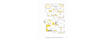 A floor plan of a two-level apartment with labeled rooms and dimensions.
