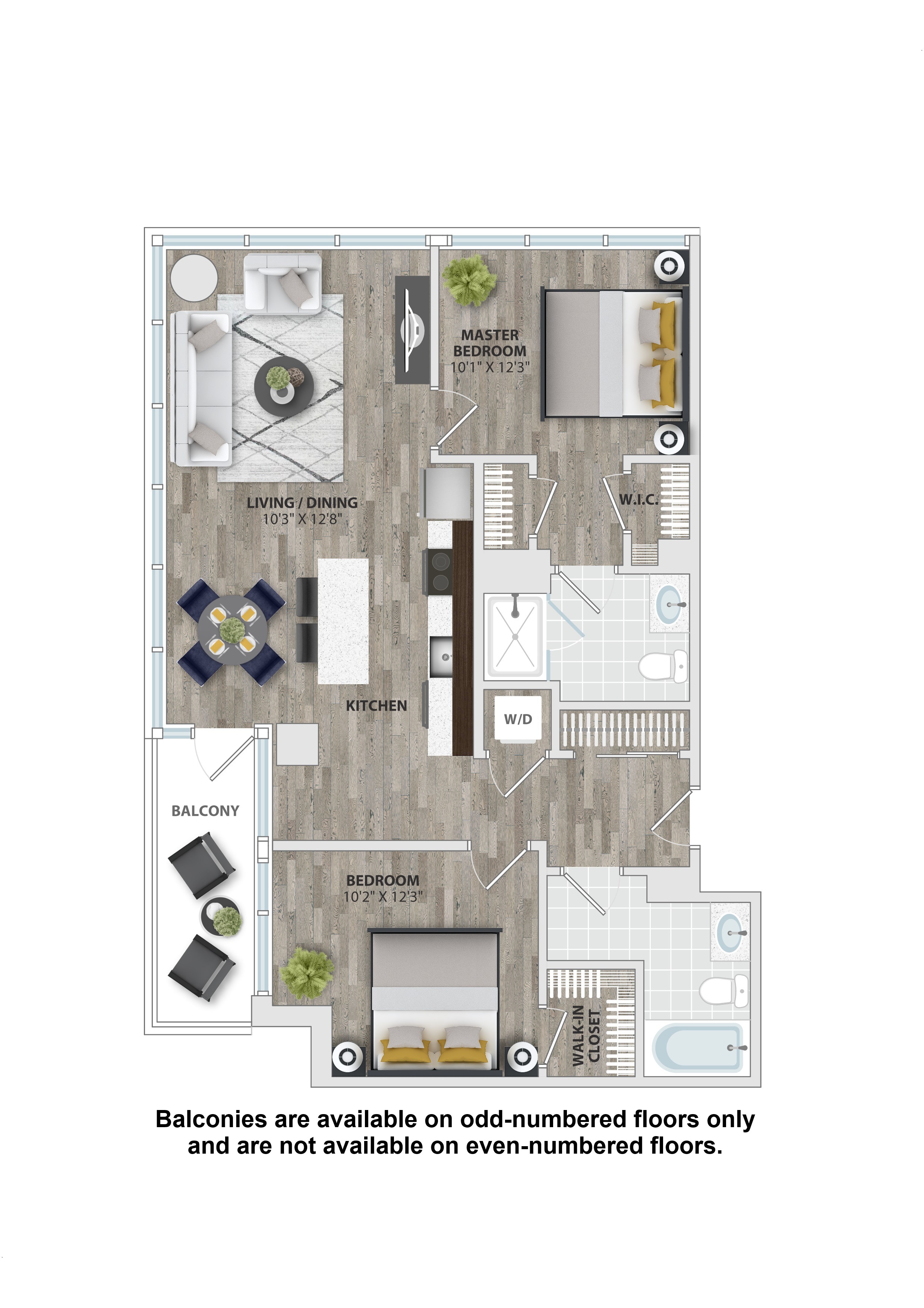 2 bedroom apartment floor plan layout at 1405 Point Apartments, Baltimore, 21231