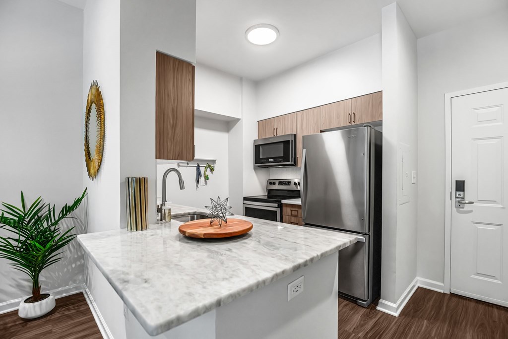 A kitchen with a marble countertop and stainless steel appliancesat Lincoln Old Town, Alexandria, VA 22314