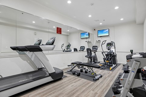 A gym with treadmills, exercise bikes, and other equipment.