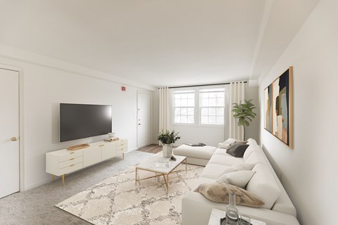 A modern living room with a white couch, a television, and a rug.