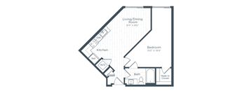 A floor plan of a small apartment with a living/dining room, kitchen, bedroom, and bathroom.