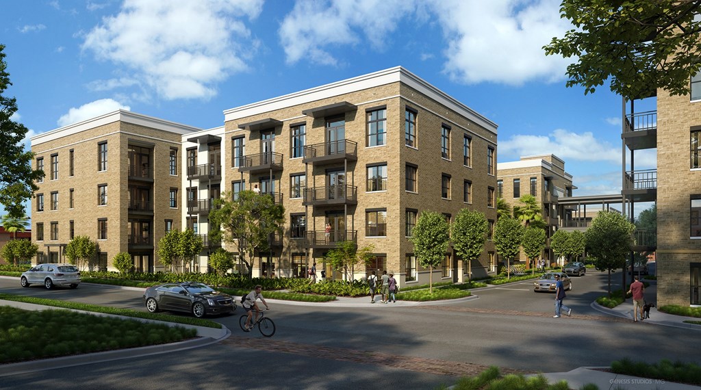 a rendering of a new apartment building on a city street