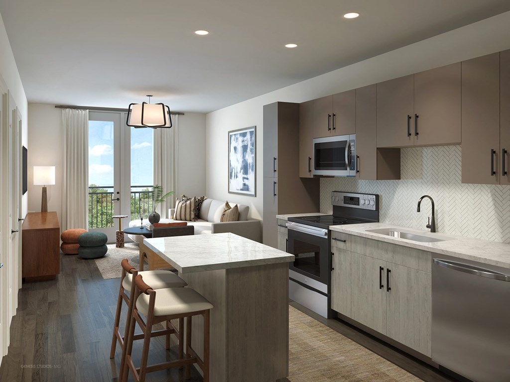 a kitchen and living room in an apartment