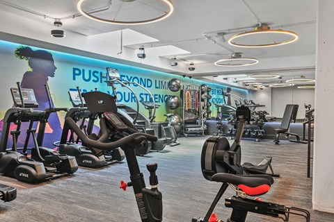 Mount Vernon Triangle, Washington, DC, Modern Apartments Near Safeway - Claret - Fitness Center With Cardio Equipment, Weight Machines, Free Weights, Exercise Balls, And Circular Light Fixtures.