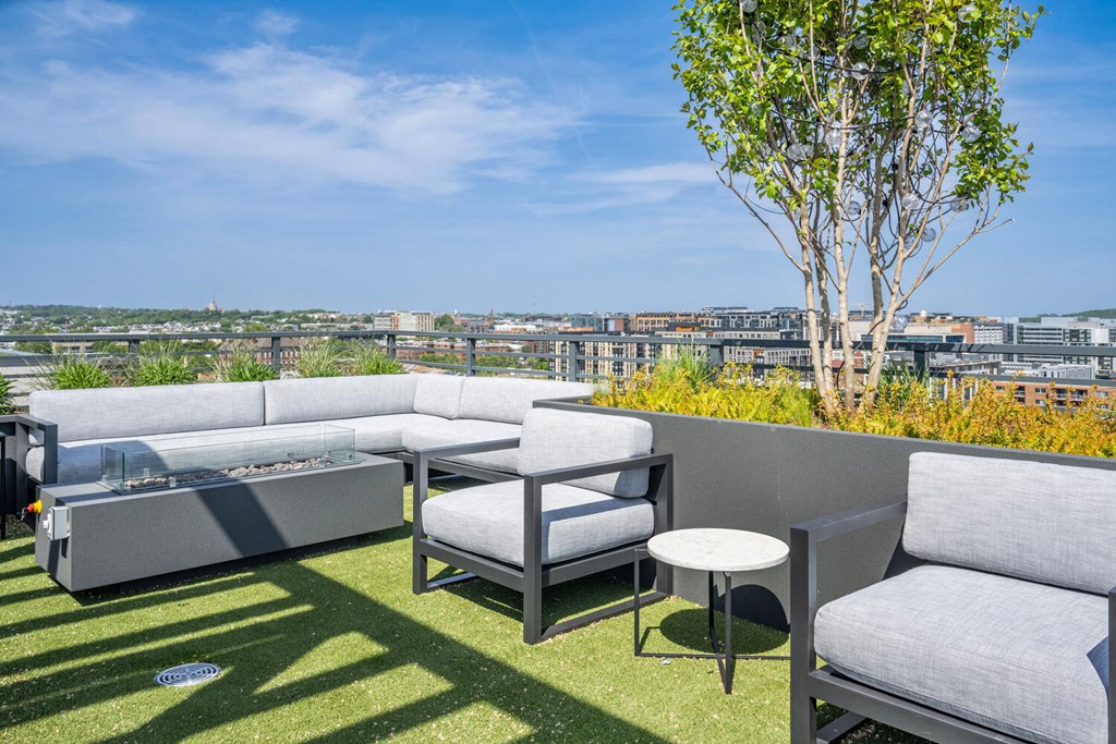 A grey sofa set is placed on a lawn with a tree and buildings in the background.
