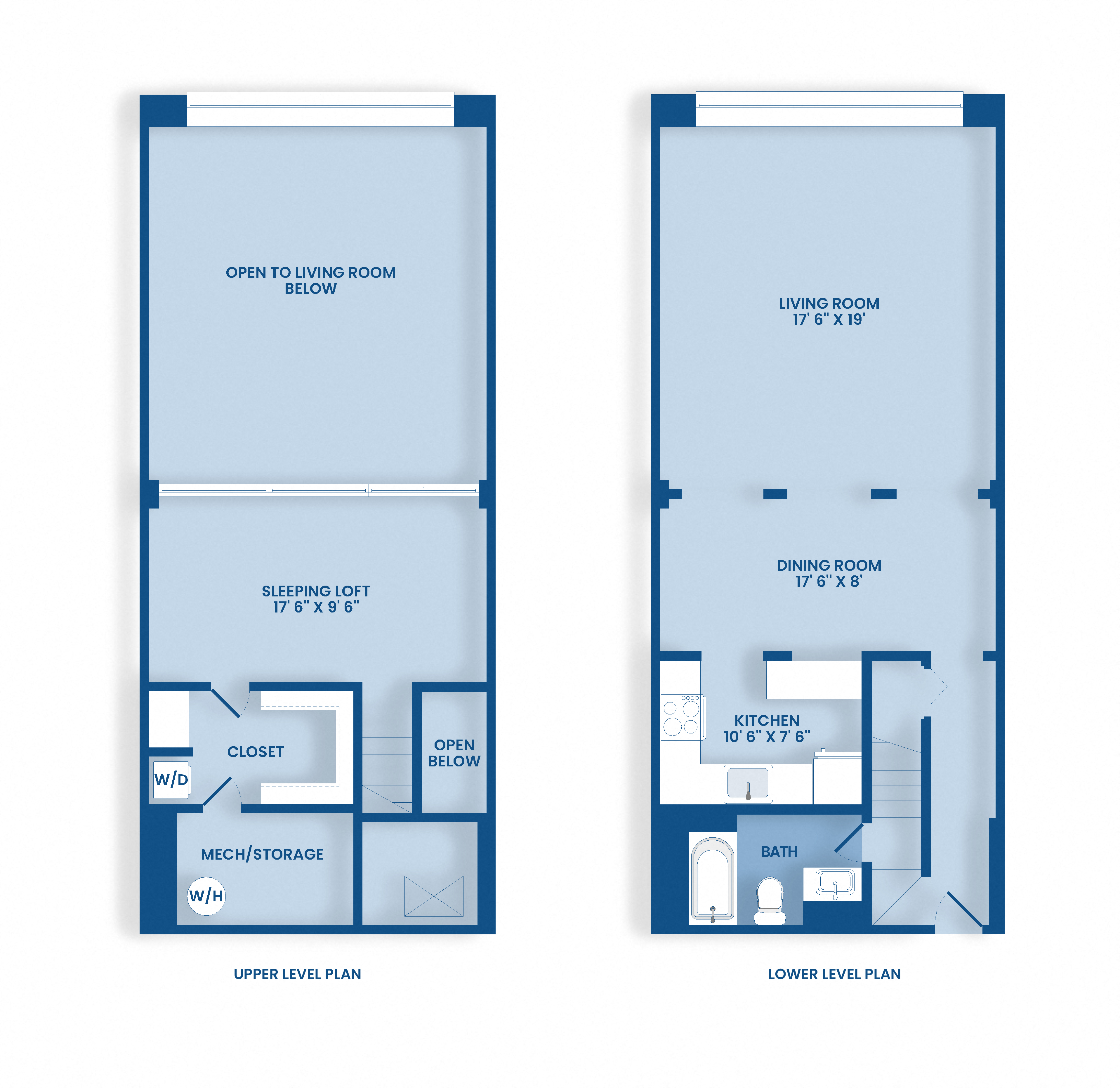 two floor plans of a blue and white house