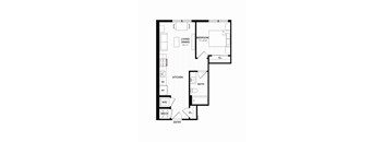 A floor plan of a small apartment with a living room, bedroom, kitchen, bathroom, and a work area.