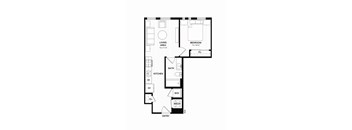 A floor plan of a home with a living area, kitchen, bath, bedroom, and a workspace.