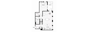 A floor plan of a house with a bedroom, living room, kitchen, and bathroom.