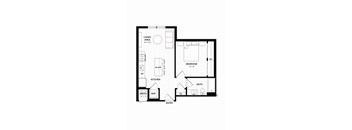 A floor plan of a small apartment with a living area, kitchen, bathroom, bedroom and entry.