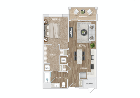 1 bed 1 bath A1 Floor Plan at Preston Ridge, North Carolina, 27513