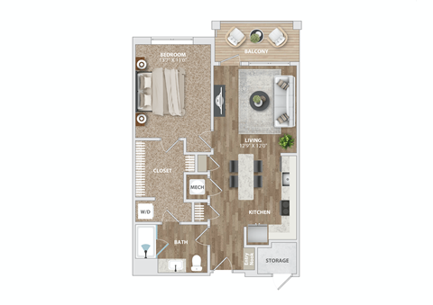 1 bed 1 bath A1-1 at Preston Ridge, Cary, NC