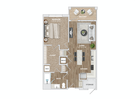 1 bed 1 bath A1-2 Floor Plan at Preston Ridge, North Carolina, 27513