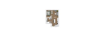 A floor plan of a small apartment with a bedroom, living room, kitchen, bathroom, and a dining area.