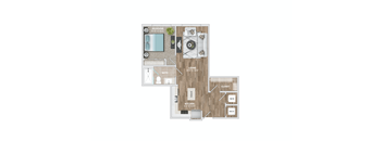 A floor plan of a house with a living room, kitchen, and bathroom.